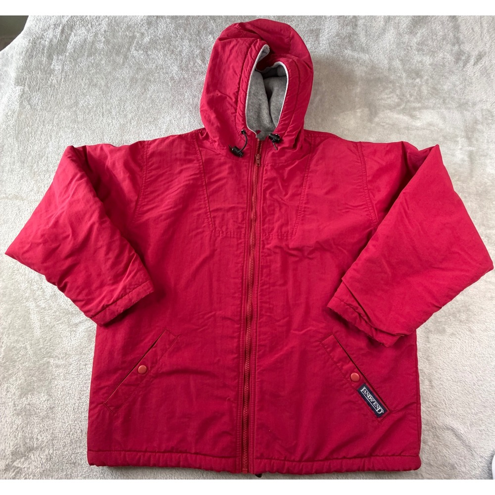 Lands End Squall Jacket Women M 10-12 Red Polartec Lined Hooded Full Zip